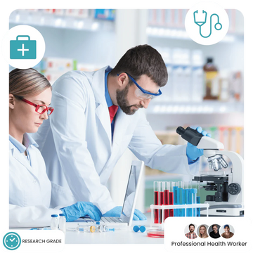 Two scientists in a lab setting with a microscope and laptop.