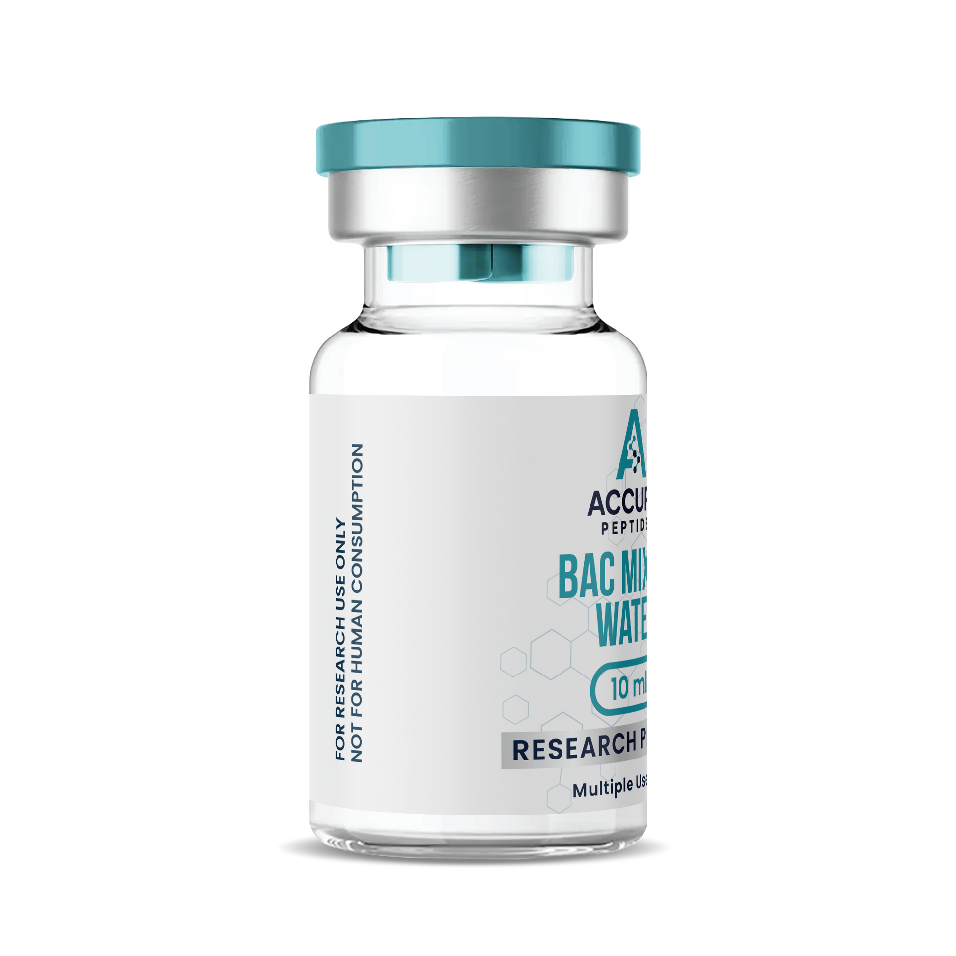 Clear glass vial with blue cap and white label on a white background