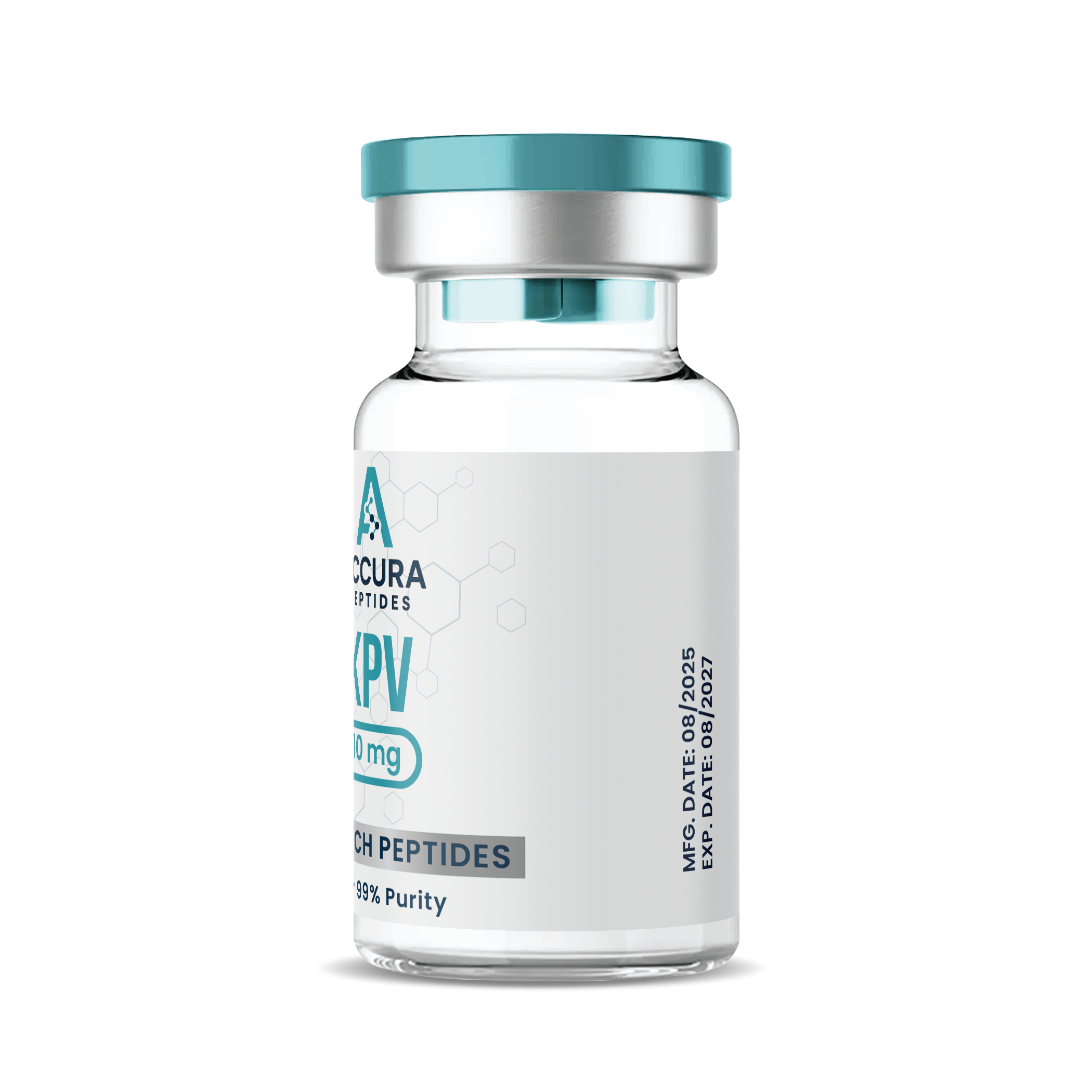 Vial labeled 'Accura Peptides' on a white background